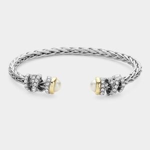 Cream Pearl Tip CZ Stone Cuff Bracelet Bangle Silver Metal Accessory